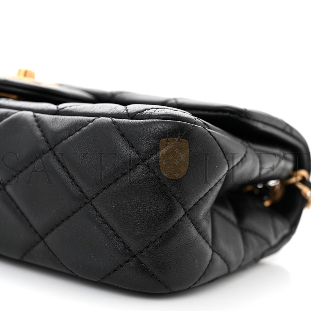 CHANEL LAMBSKIN QUILTED MINI RECTANGULAR PEARL CRUSH FLAP BLACK AS1787 (19*13*6cm)